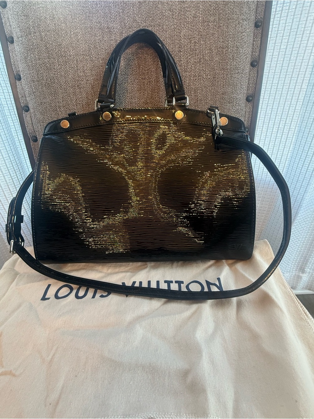 Louis Vuitton Black Patent Satchel with silver Accents
